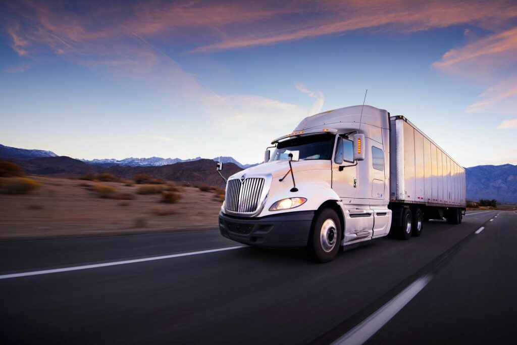 Semi-trailer truck driving on a highway